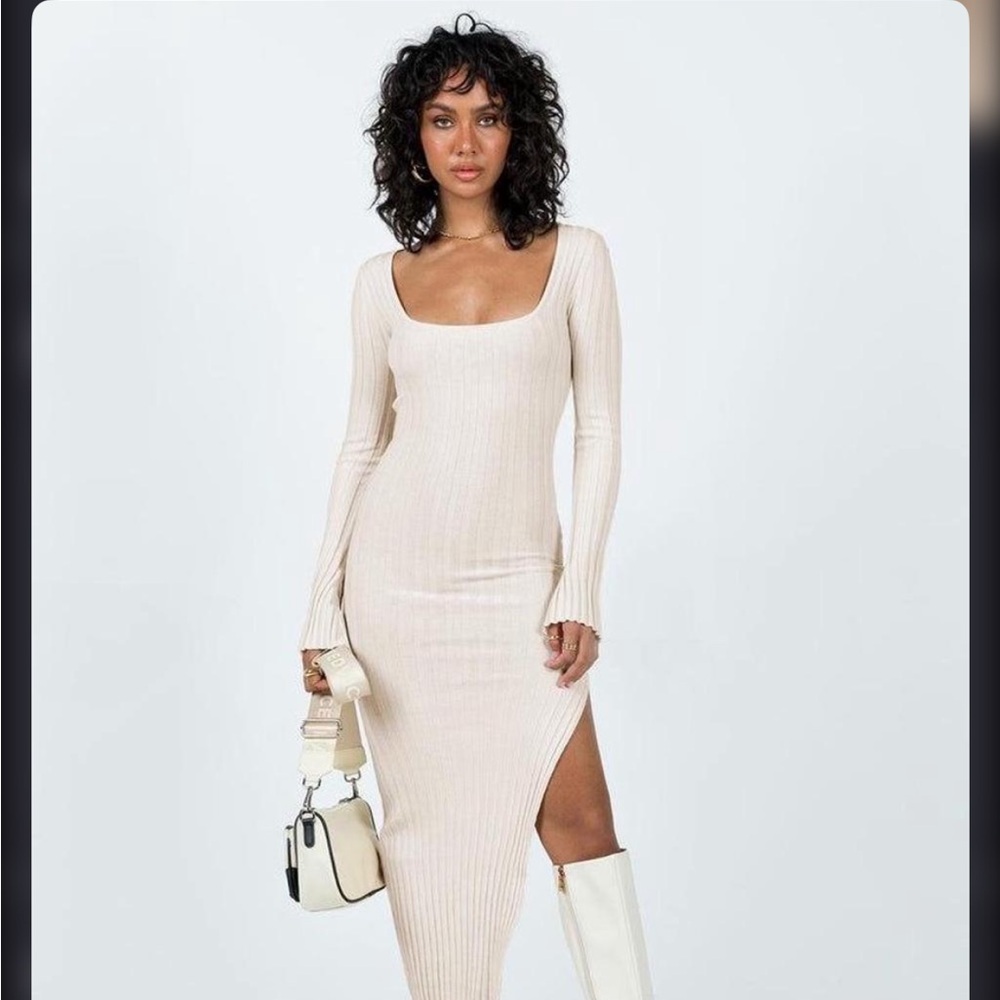 Ribbed Long Sleeve Scoop Neck Midi Dress in Cream princess polly
